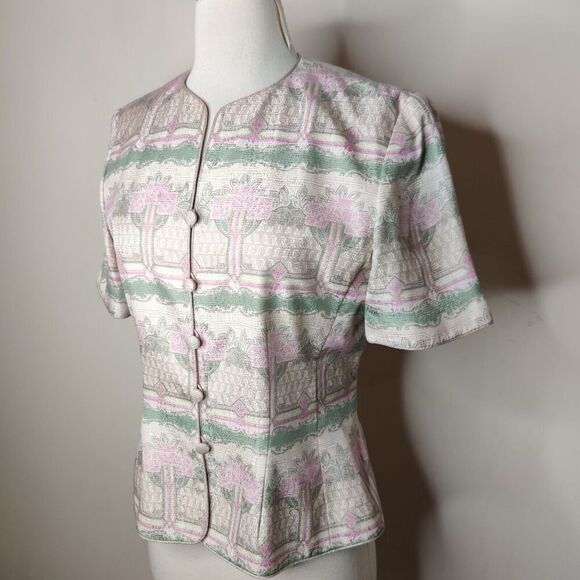 Adrianna Papell 100% Silk Floral Jacket Short Sleeve Button Up - Picture 6 of 10